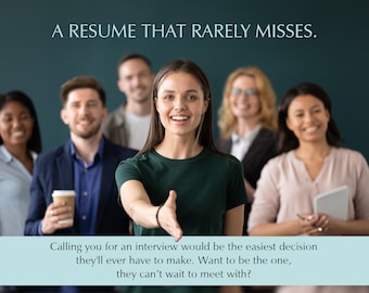 May include: A group of people smiling, with one person extending their hand towards the viewer. The text "A RESUME THAT RARELY MISSES." is at the top of the image. The text "Calling you for an interview would be the easiest decision they'll ever have to make. Want to be the one, they can't wait to meet with?" is at the bottom of the image.