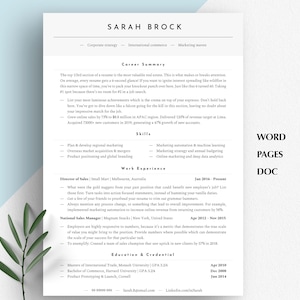 May include: A black and white resume with the name Sarah Brock at the top. The resume lists her skills, work experience, and education. The text "WORD PAGES DOC" is in the upper right corner of the page.