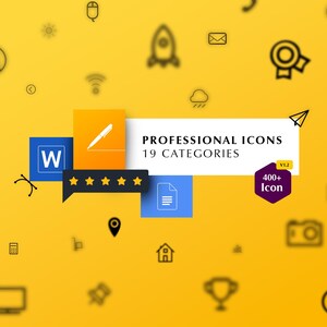 以下が含まれることがあります： 19のカテゴリに分類された400以上のプロフェッショナルアイコンのセット。アイコンは白黒で、黄色の背景に表示されています。「PROFESSIONAL ICONS」と「19 CATEGORIES」のテキストは、白地に黒で表示されています。「400+ Icon」のテキストは、紫地に白で表示されています。