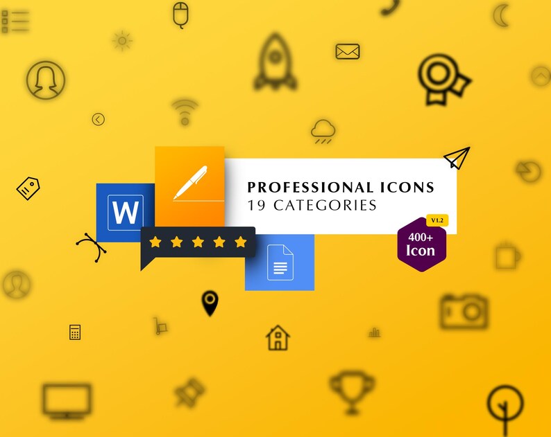 以下が含まれることがあります： 19のカテゴリに分類された400以上のプロフェッショナルアイコンのセット。アイコンは白黒で、黄色の背景に表示されています。「PROFESSIONAL ICONS」と「19 CATEGORIES」のテキストは、白地に黒で表示されています。「400+ Icon」のテキストは、紫地に白で表示されています。