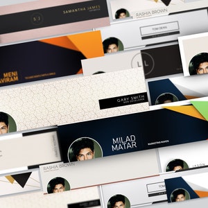 May include: A collection of social media banner designs featuring geometric shapes, patterns, and text. Some banners include a headshot of a person. The text includes names, job titles, and company names.