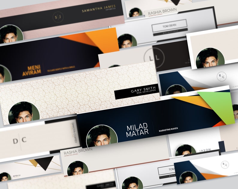 May include: A collection of social media banner designs featuring geometric shapes, patterns, and text. Some banners include a headshot of a person. The text includes names, job titles, and company names.