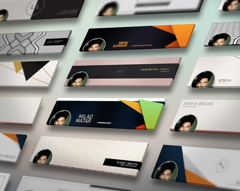 May include: A collection of social media banner templates featuring different color schemes and geometric designs. Each banner includes a headshot of a person and their name and job title.