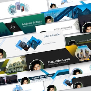 May include: A collage of Facebook banner ads for real estate agents. Each banner features a different agent's name, photo, and real estate specialty. The banners are designed with a modern, professional aesthetic and include images of buildings and cityscapes.