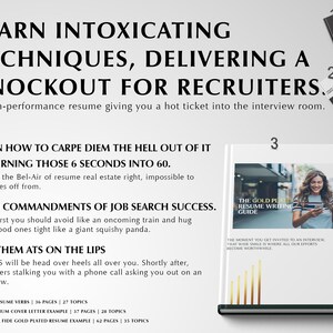 以下が含まれることがあります： 「The Gold Plated Resume Writing Guide」というタイトルの白黒の書籍カバー。カバーの右側に「Pour Allure All Over」という文字が書かれた金色のバーがあります。カバーには、笑顔で携帯電話を見ている女性の画像も含まれています。