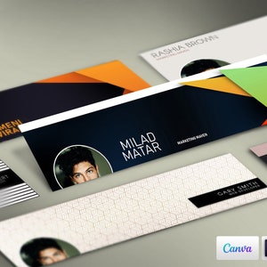 May include: A collection of social media banner templates featuring different color schemes and geometric designs. The banners include the names "Milad Matar", "Rashia Brown", "Gary Smith", "Lucy Robert", and "Meni Avira".