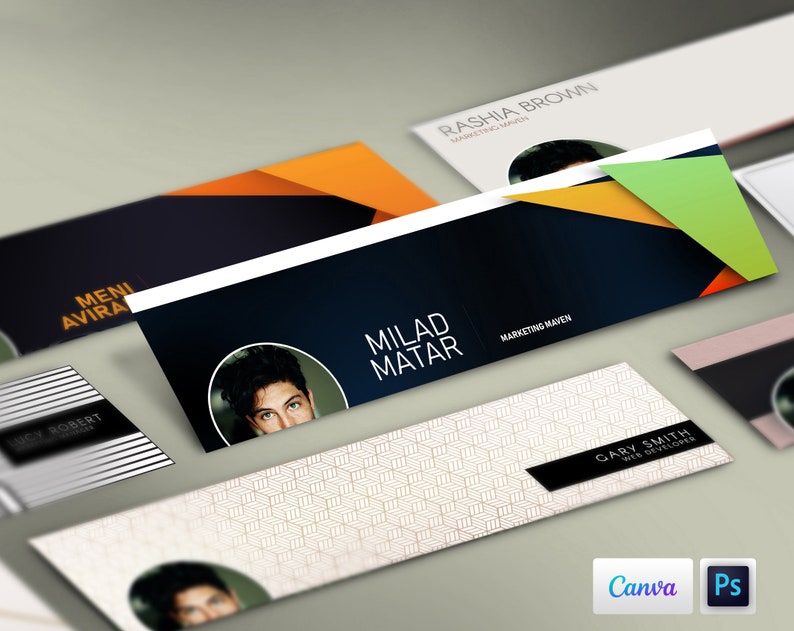 May include: A collection of social media banner templates featuring different color schemes and geometric designs. The banners include the names "Milad Matar", "Rashia Brown", "Gary Smith", "Lucy Robert", and "Meni Avira".