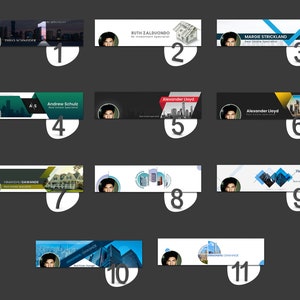 May include: A collage of 11 different real estate agent Facebook banner templates. Each banner features a different agent's photo, name, and contact information. The banners are designed in a variety of styles, with different colors, fonts, and images.
