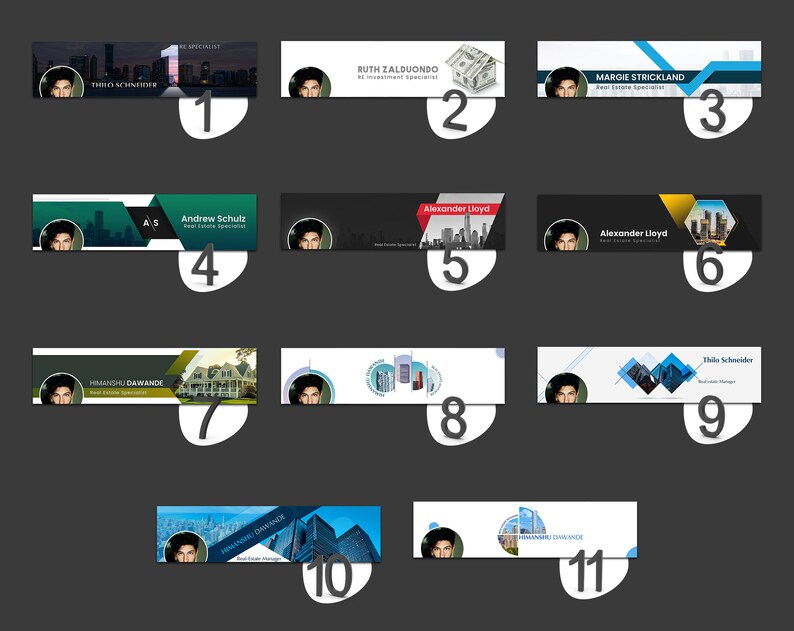 May include: A collage of 11 different real estate agent Facebook banner templates. Each banner features a different agent's photo, name, and contact information. The banners are designed in a variety of styles, with different colors, fonts, and images.