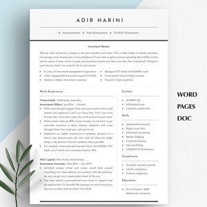 May include: A black and white resume template with the title "Adir Harini" and the job title "Investment Banker". The resume includes work experience, skills, contact information, and education.