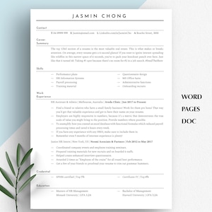 May include: A resume template with a blue and white color scheme. The resume is for Jasmin Chong and includes contact information, a career summary, skills, work experience, credentials, and education. The resume is formatted with a clean and modern design.