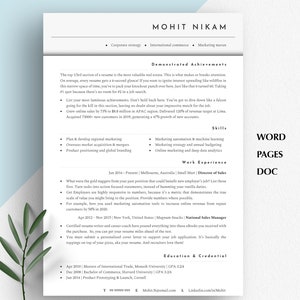 Może przedstawiać: Curriculum vitae Mohita Nikama, podkreślające jego umiejętności i doświadczenie w strategii korporacyjnej, handlu międzynarodowym i marketingu. CV zawiera sekcje dotyczące osiągnięć, umiejętności, doświadczenia zawodowego oraz wykształcenia i kwalifikacji.