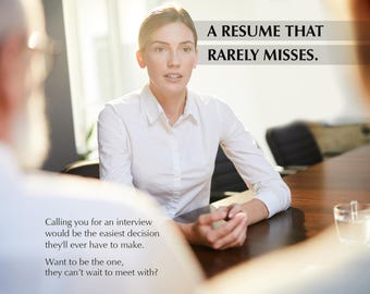 May include: A woman in a white shirt sits across from a person in a job interview. The text on the wall reads "A resume that rarely misses."