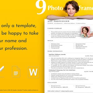 以下が含まれることがあります： 黄色い背景に、「これは単なるテンプレートです。あなたの名前と職業を喜んで受け入れます。」という白いテキストが重ねられています。テキストには、鉛筆、ドキュメント、文字「W」の3つのアイコンが添えられています。女性が、右上に自分の写真が載っている履歴書を持っています。履歴書は「あらゆる職業」というタイトルで、「キャリアサマリー」、「スキル」、「職務経歴」、「教育」のセクションが含まれています。