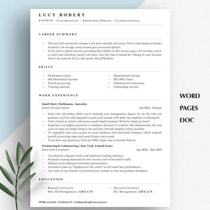 Może przedstawiać: Czarno-biały szablon CV z tytułem "Lucy Robert" u góry. CV zawiera podsumowanie kariery, umiejętności, doświadczenie zawodowe, pracę na własny rachunek i wolontariat, wykształcenie i certyfikaty.