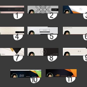 May include: A collage of 11 different banner designs featuring a person's face and name in a white rectangle. The banners have various backgrounds and designs, including geometric patterns, abstract shapes, and solid colors.