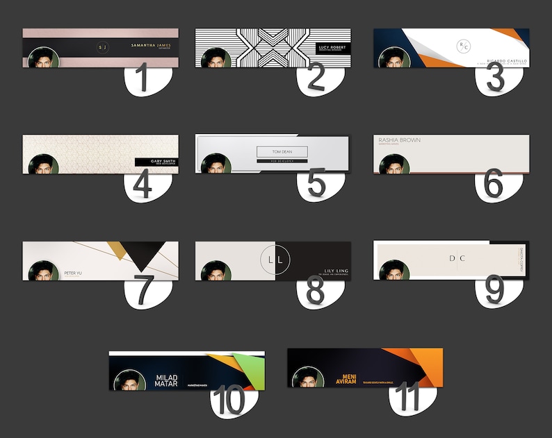 May include: A collage of 11 different banner designs featuring a person's face and name in a white rectangle. The banners have various backgrounds and designs, including geometric patterns, abstract shapes, and solid colors.
