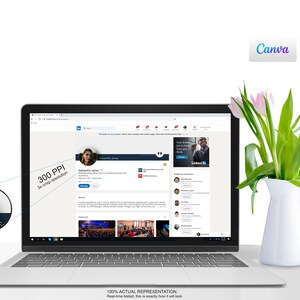 May include: A laptop computer displaying a LinkedIn profile page with a woman's headshot and the text "300 PPI 3x crisp resolution". The laptop is on a white surface with a vase of pink flowers.