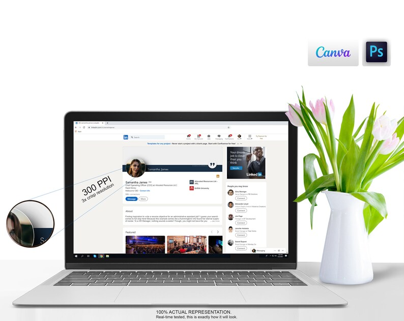 May include: A laptop computer displaying a LinkedIn profile page with a woman's headshot and the text "300 PPI 3x crisp resolution". The laptop is on a white surface with a vase of pink flowers.