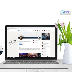 May include: A laptop computer displaying a LinkedIn profile page with a woman's headshot and the text "300 PPI 3x crisp resolution". The laptop is on a white surface with a vase of pink flowers.