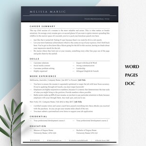 May include: A black and white resume template with the title "Melissa Marsic" at the top. The resume includes sections for career summary, skills, work experience, credential, and education.