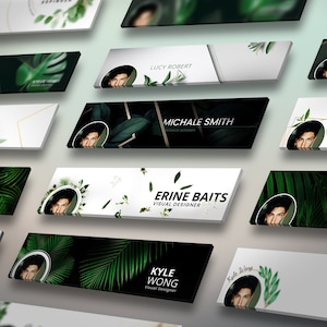 Puede incluir: Una colección de banners de redes sociales con follaje verde y una foto de la cabeza de una persona en un círculo. El texto en las pancartas incluye nombres y títulos de trabajo como "Lucy Robert", "Michale Smith", "Fabin Graphic", "Erine Baits Visual Designer" y "Kyle Wong Visual Designer".