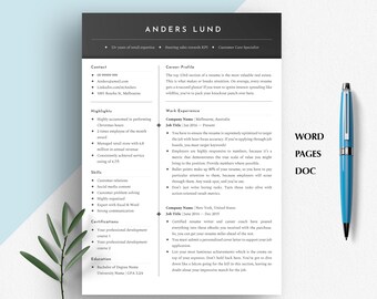 May include: A black and white resume template with the name Anders Lund at the top. The resume includes contact information, highlights, skills, certifications, education, career profile, and work experience.