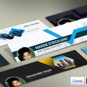 May include: Three different real estate agent social media banner templates. Each banner features a headshot of a different person, a blue and white geometric design, and the text "Real Estate Specialist".