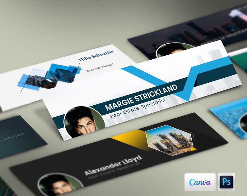 May include: Three different real estate agent social media banner templates. Each banner features a headshot of a different person, a blue and white geometric design, and the text "Real Estate Specialist".