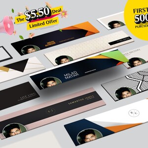 May include: A collection of social media banners featuring different designs and colors. The banners include a variety of geometric patterns, text, and images of people. The text on the banners includes names, titles, and the phrase "First 500 Purchases Only".