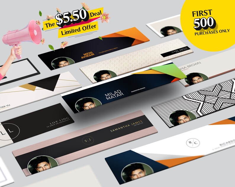 May include: A collection of social media banners featuring different designs and colors. The banners include a variety of geometric patterns, text, and images of people. The text on the banners includes names, titles, and the phrase "First 500 Purchases Only".