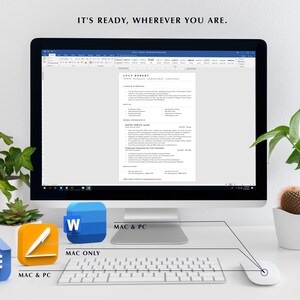 以下が含まれることがあります： ワードプロセッシングプログラムで履歴書テンプレートが表示されているコンピューター画面。画面のテキストは「IT'S READY, WHEREVER YOU ARE.」です。画面の下には3つのアイコンが表示されています。青いアイコンには「W」の文字、青いアイコンにはリスト、青いアイコンには鉛筆が描かれています。アイコンの下のテキストは「MAC & PC」、「MAC ONLY」、「MAC & PC」です。
