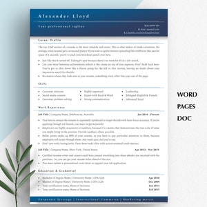 May include: A blue and white resume template with the name Alexander Lloyd at the top. The resume includes a career profile, skills, work experience, and education and credential sections. The resume is formatted with bullet points and headings.