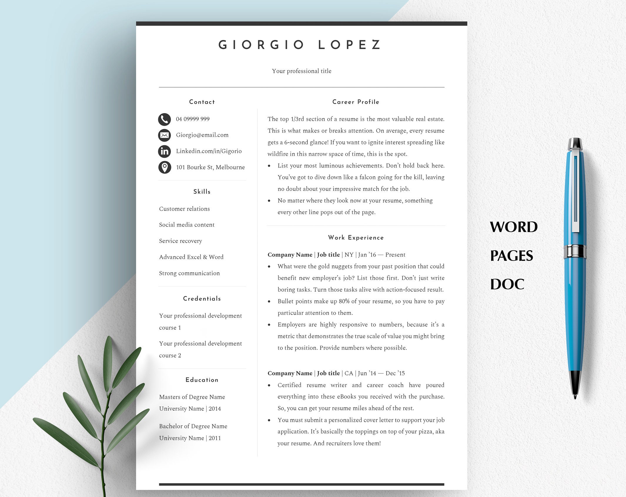GOOGLE DOC RESUME, Modern Resume Word Template, Resume Template Basic, Word Resume Template, 2 Column Professional Cv, Minimalist Cv, Resume