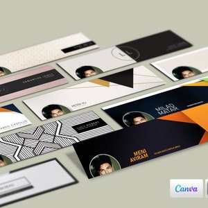May include: A collection of social media banner templates featuring different geometric designs and color schemes. The banners include a profile picture placeholder and text for the name and tagline. The text on the banners includes "Samantha James", "Ricardo Castillo", "Peter Vu", "Lucy Robert", "Milad Matar", "Meni Aviram", and "Ashia Brown".