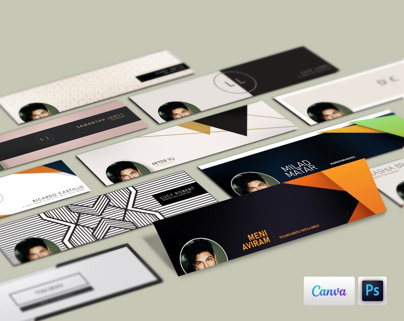 May include: A collection of social media banner templates featuring different geometric designs and color schemes. The banners include a profile picture placeholder and text for the name and tagline. The text on the banners includes "Samantha James", "Ricardo Castillo", "Peter Vu", "Lucy Robert", "Milad Matar", "Meni Aviram", and "Ashia Brown".