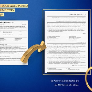 K&ouml;nnte beinhalten: Eine goldplattierte Lebenslaufvorlage mit einem Vorher-Nachher-Bild, das zeigt, wie man einen Lebenslauf verbessert. Der Text auf dem Bild lautet "Holen Sie sich jetzt Ihre goldplattierte Lebenslaufkopie!" und "Erstellen Sie Ihren Lebenslauf in 30 Minuten oder weniger."