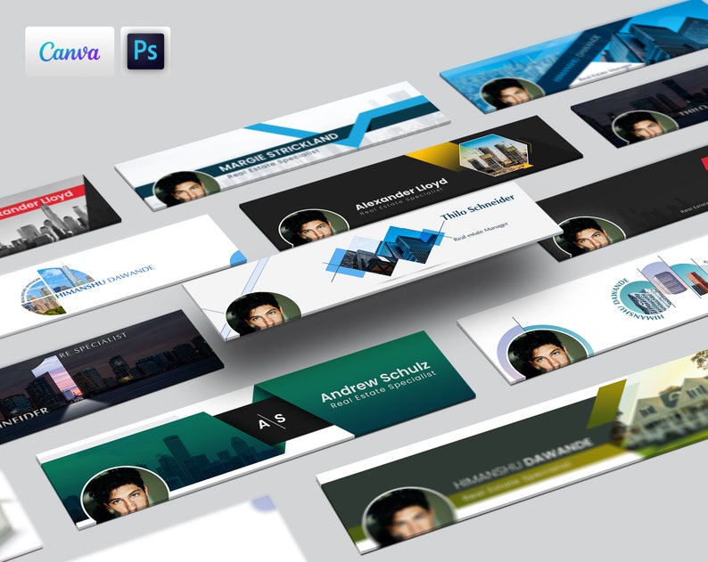 May include: A collection of social media banners for real estate agents. The banners feature a variety of colors and designs, including cityscapes, geometric shapes, and photos of people. The text on the banners includes the names of the agents and their real estate specialties.