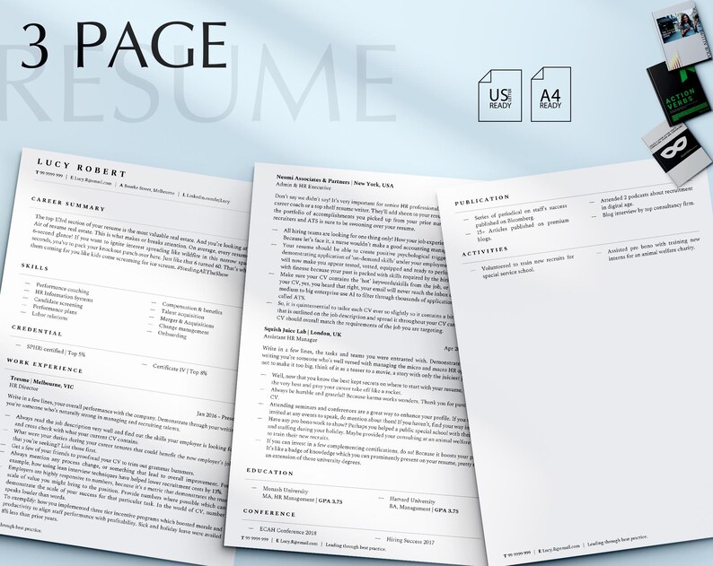 以下が含まれることがあります： 白黒の3ページの履歴書テンプレート。履歴書は、キャリアサマリー、スキル、資格、職務経歴、教育、カンファレンスなどのセクションに分かれています。履歴書は、見出し、箇条書き、プロのフォントでフォーマットされています。