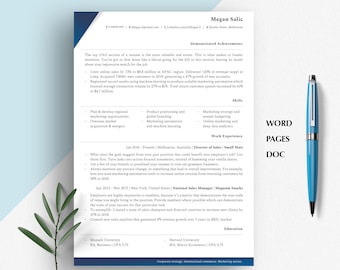 May include: A resume template with a blue pen on a white background. The resume is for Megan Salic and includes her contact information, demonstrated achievements, skills, work experience, and education. The resume highlights her experience as a Director of Sales and National Sales Manager.
