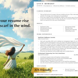 以下が含まれることがあります： 「Let your resume rise like scarf in the wind.」というテキストが書かれた履歴書。履歴書は、会計のジュニアインターンとフリーランスおよびボランティアのエントリーレベルの会計士としての経験を持つルーシー・ロバート向け。履歴書には、スキルと職務経験も記載されている。履歴書はATSフレンドリーで、GPAは3.75です。