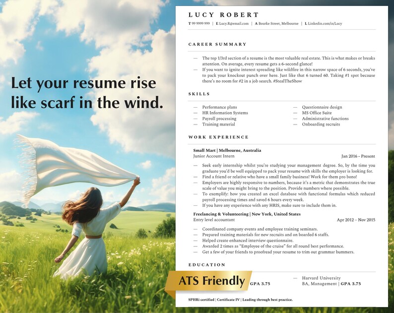 以下が含まれることがあります： 「Let your resume rise like scarf in the wind.」というテキストが書かれた履歴書。履歴書は、会計のジュニアインターンとフリーランスおよびボランティアのエントリーレベルの会計士としての経験を持つルーシー・ロバート向け。履歴書には、スキルと職務経験も記載されている。履歴書はATSフレンドリーで、GPAは3.75です。