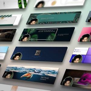 May include: A collection of social media banners featuring various designs and text. The banners include a green and blue marble design, a tropical leaf design, a blue and white ocean design, a pink and purple design, and a black and white design. The banners also include text such as "KEYSHA ANTOININE", "DANIEL DUPONT", "JIM PAGE", "ALEXANDER LLOYD", and "MARKETING MAVEN".