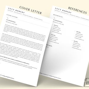 以下が含まれることがあります： ルーシー・ロバートの白黒のカバーレターと参考文献ページ。カバーレターは、人事部長ハナ・ハーパー氏宛てで、2022年4月23日付け。参考文献ページには、氏名、会社名、連絡先が記載された3つの参考文献が掲載されている。