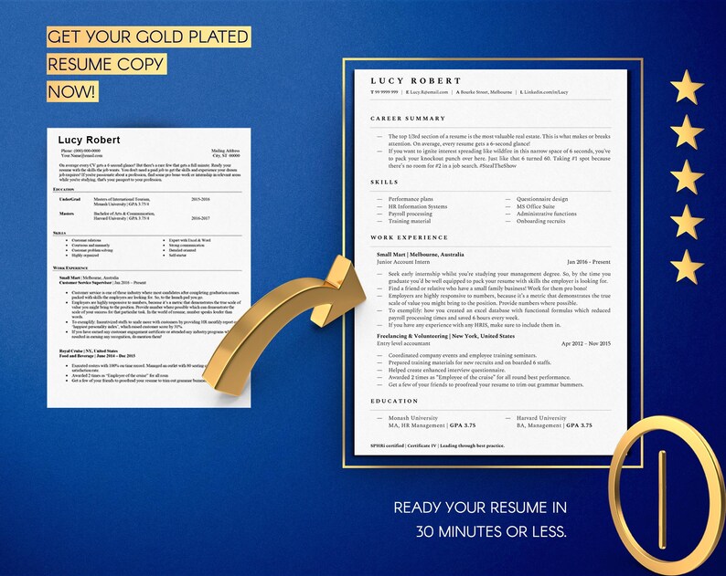 以下が含まれることがあります： 「今すぐあなたの金メッキされた履歴書のコピーを入手しましょう！」と「30分以内に履歴書を作成しましょう！」というテキストが書かれた金メッキされた履歴書テンプレート。テンプレートは、上部に「Lucy Robert」という名前のサンプル履歴書と一緒に表示されています。