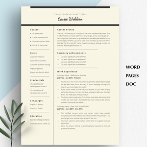 May include: A beige resume template with black text. The resume is divided into sections, including Contact, Skills, Credentials, Languages, Education, Career Profile, Summary Achievements, and Work Experience. The template includes a section for listing professional development courses and a section for listing languages spoken.