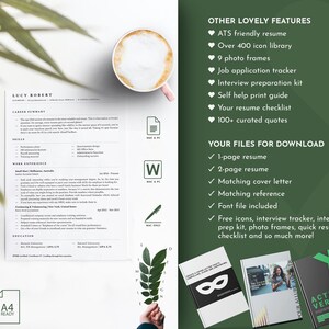 以下が含まれることがあります： 白地に黒文字で書かれた、モダンなデザインの履歴書テンプレート。テンプレートには、キャリアサマリー、職務経歴、スキル、学歴のセクションが含まれています。テンプレートは、USレターサイズとA4サイズでダウンロードできます。画像には、ダウンロードに含まれる機能とファイルのリストも表示されています。たとえば、1ページの履歴書、2ページの履歴書、一致するカバーレター、一致する参照、フォントファイル、無料のアイコン、面接トラッカー、面接準備キット、写真フレーム、履歴書のクイックチェックリストなどがあります。