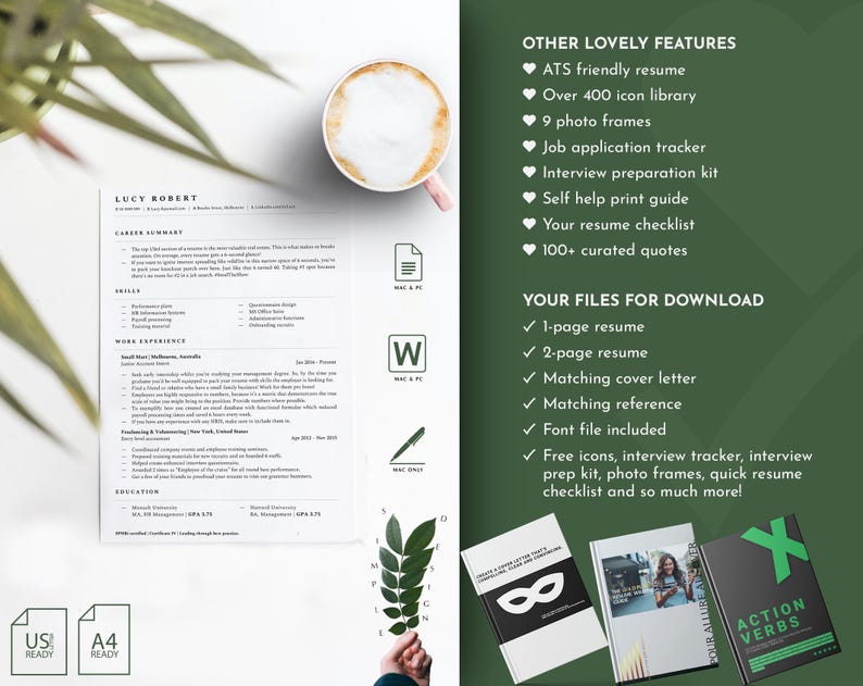 以下が含まれることがあります： 白地に黒文字で書かれた、モダンなデザインの履歴書テンプレート。テンプレートには、キャリアサマリー、職務経歴、スキル、学歴のセクションが含まれています。テンプレートは、USレターサイズとA4サイズでダウンロードできます。画像には、ダウンロードに含まれる機能とファイルのリストも表示されています。たとえば、1ページの履歴書、2ページの履歴書、一致するカバーレター、一致する参照、フォントファイル、無料のアイコン、面接トラッカー、面接準備キット、写真フレーム、履歴書のクイックチェックリストなどがあります。