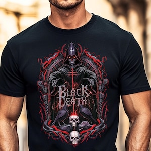 Black Death Horror Tee Grim Reaper Shirt Dark Occult Fashion Sinister Skull Design Gothic Necromancer Apparel Macabre Evil Sorcerer Outfit