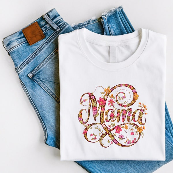 Mama Tee, Elegant Mama Tee, Cursive Mama Tee, Floral Mama Tee, White Floral Tee, Mother's Gift Tee, Stylish Mama Tee, Motherhood Tee